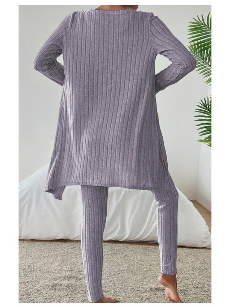 Nieuwe Stijlvolle Ronde Hals Geribbelde Effen Kleur Dames Driekwart Set