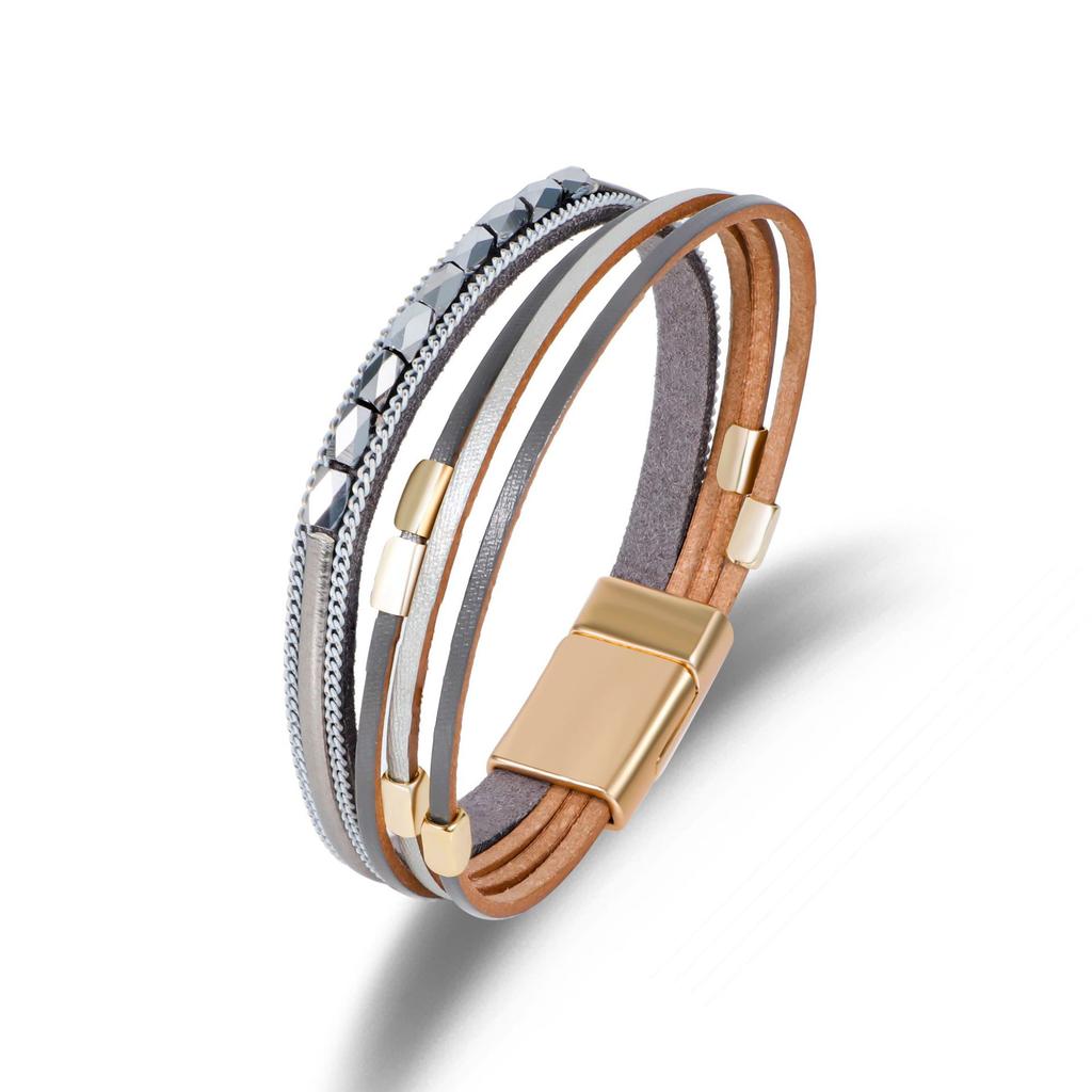 Bracciale Boemo Multistrato in Pelle con Perline Fatto a Mano con Perline Metalliche Chiusura Magnetica Bracciale Rigido per Donna