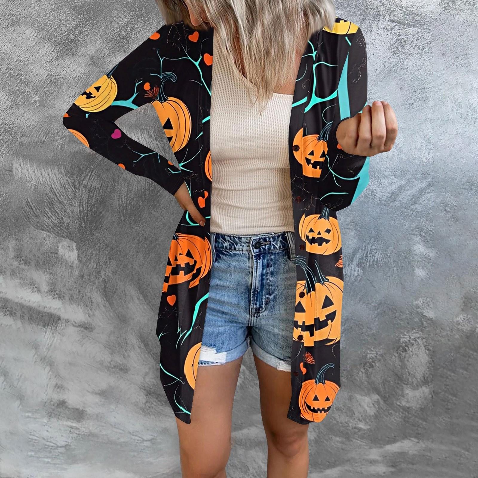 

Женский повседневный кардиган, топ с длинными рукавами и карманами с принтом на Хэллоуин L