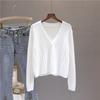 V-Neck Cardigan Women Short Knit Korean Style Blend Fabric Lightweight Shawl Collar Casual Outerwear Long Sleeve Comfortable Cover-Up