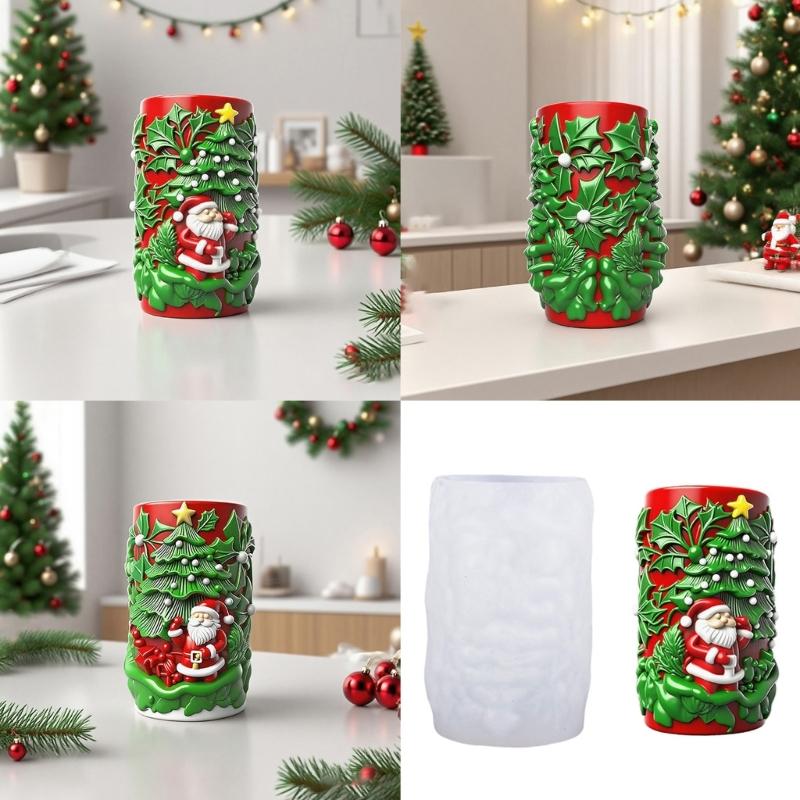 Santa Embossed Cylindrical Silicone Mold Holiday Candle Silicone Mould For Epoxy Resin Art Handmade Candle Soap Making