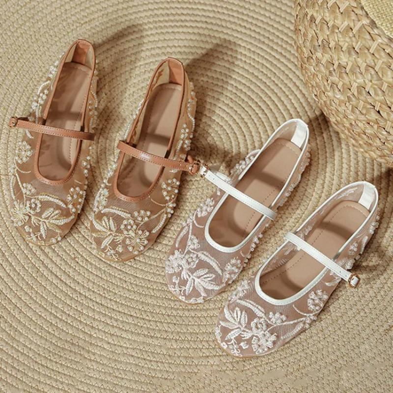 Fashion Embroidery String Bead Mesh Ballet Flats Women Fashion White Pearl Mary Jane Shoes Light Summer Flats Elegant Cozy Flat Sandals