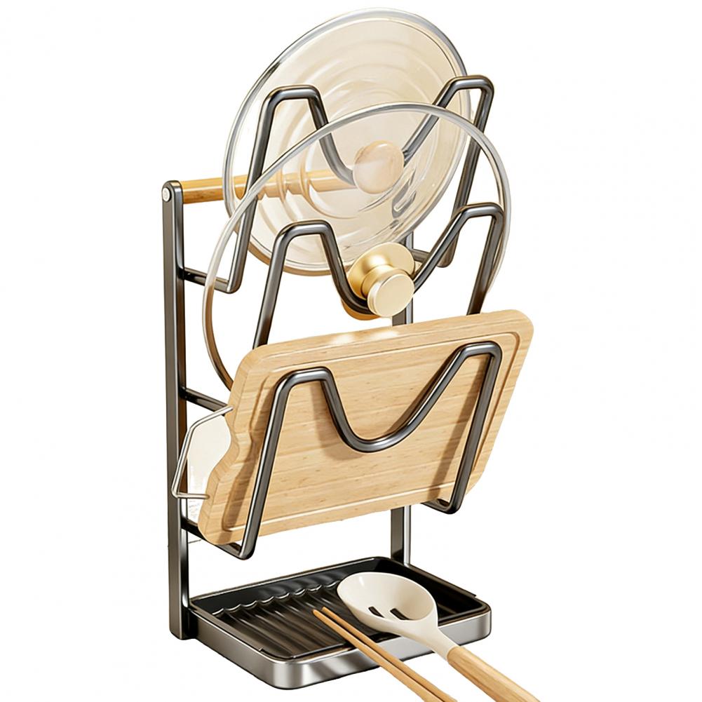 Kitchen Pot Lid Storage Rack Carbon Steel Pot Lid Holder While Cooking Pot Lid Stand with Spoon Rest Removable Drip Tray