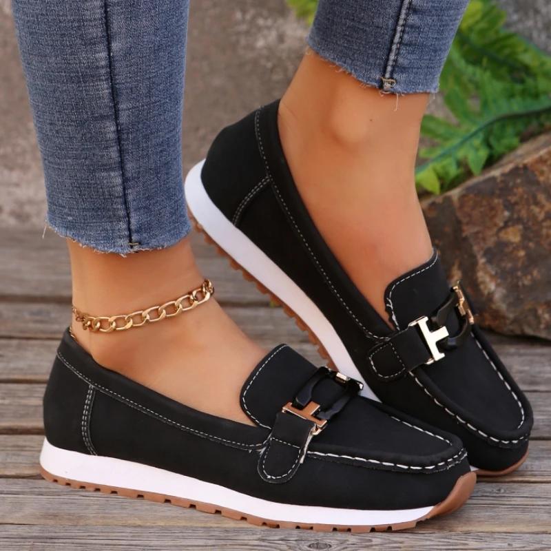 Spring New Women'S Buckle Low-Top Casual Shoes Fashion Round-Toed Vulcanized Shoes Comfortable Slip-On Women'S Flat Shoes