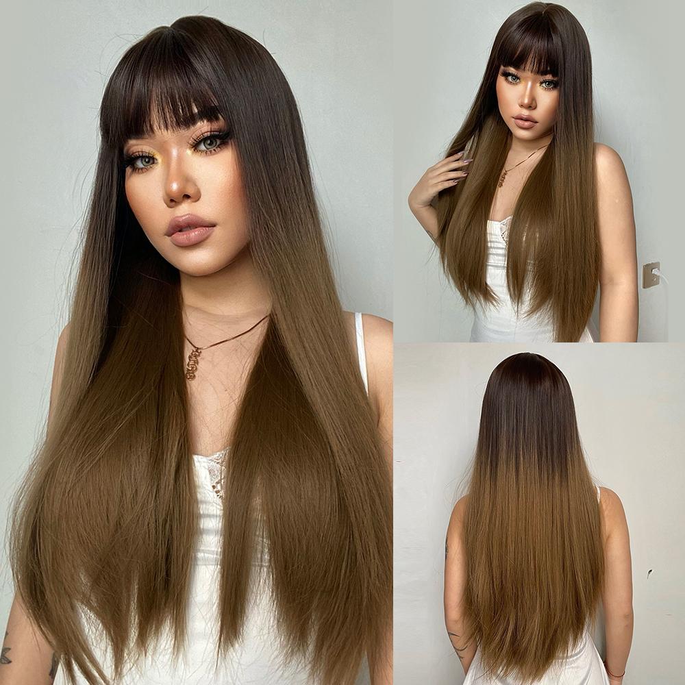Long Straight Synthetic Wig with Bangs Dark Black Gray Hair Wigs for Women Cosplay Natural Hair Heat Resistant Layered Wigs