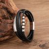 Mens Stainless Steel Bracelet With Black Leather Woven Multi-Layer Design Geometric Minimalist Style