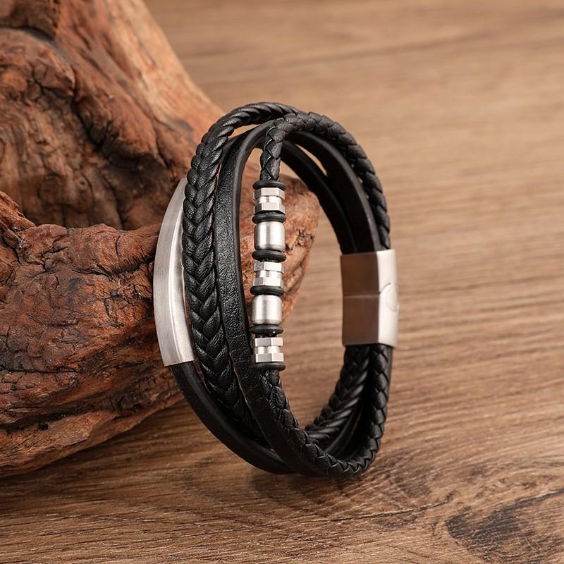 Mens Stainless Steel Bracelet With Black Leather Woven Multi-Layer Design Geometric Minimalist Style