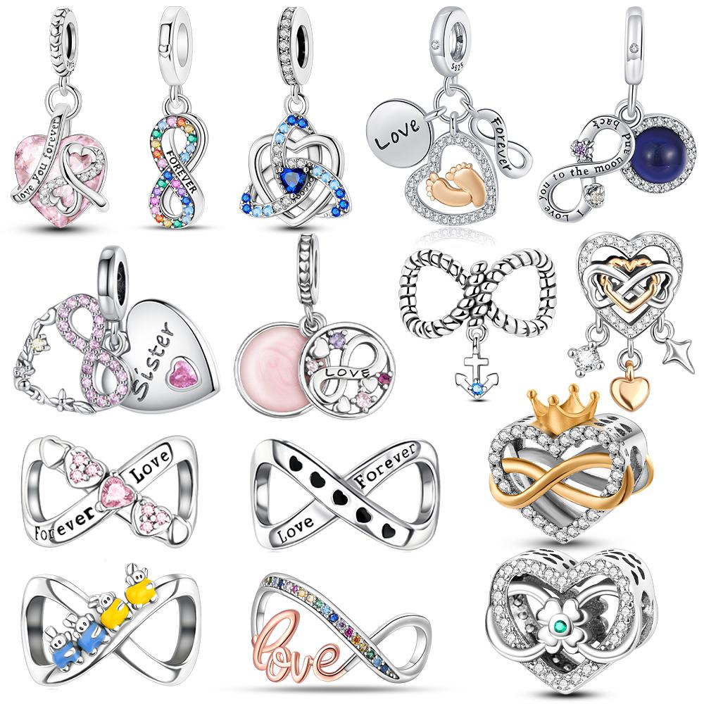 Infinite Pink Heart Zircon Crown Pendant Original Copper Charms Beads Fit Bracelet Women Jewelry Diy Gift Accessory Making