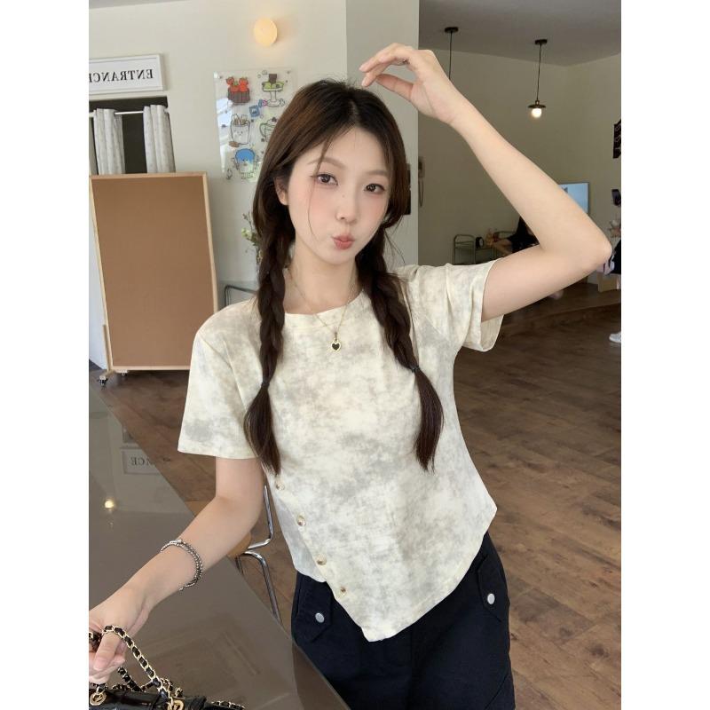 

Hot New Stylish Slim Tummy-covering T-shirt Summer Asymmetrical Oblique Button Loose Top Women 4XL темно-сірий