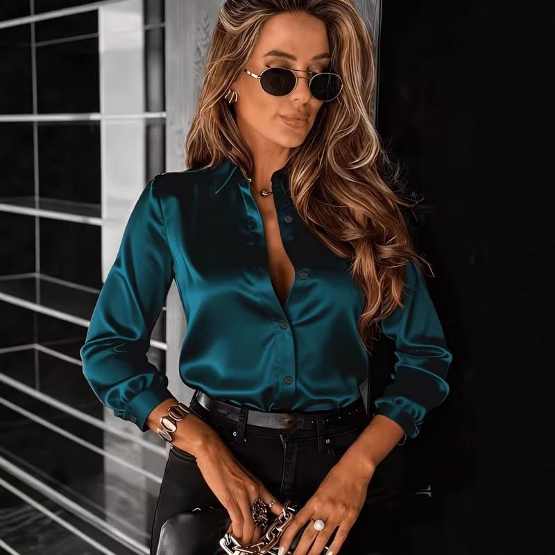 Womens Long Sleeve Satin Shirt With Collar Slim Fit Office Blouse In Solid Colors 2026