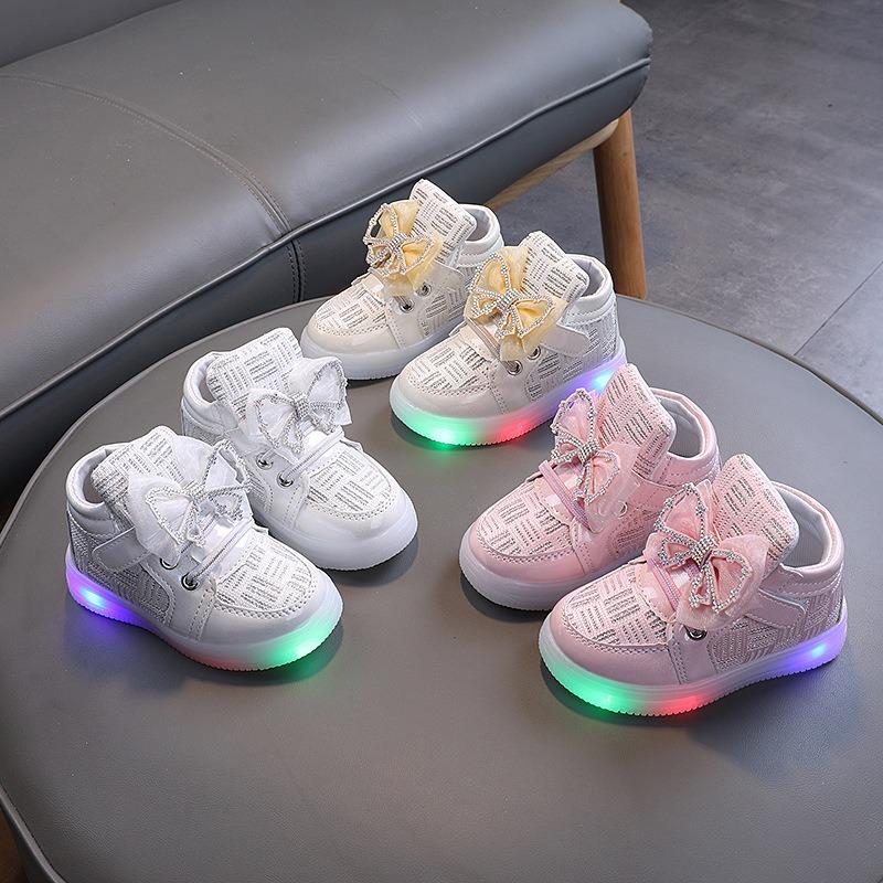 Kids Glowing Light Up Sneakers Girls Bowknot Princess Toddler Walking Sports Shoes