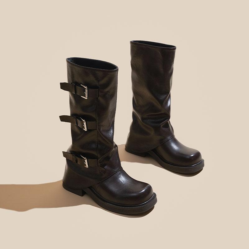 Fashion AIYUQI Women's Western Cowboy Boots 2025 New Square Toe Pleated Women Trouser Leg Boots Large Buckle Boots female