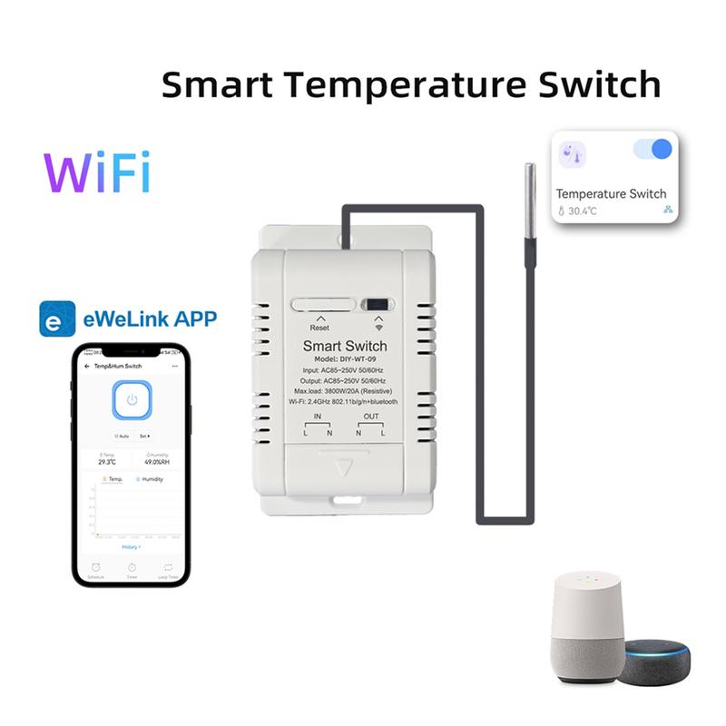 WiFi Temperature Switch with 1M Sensor EWelink Smart WiFi 20A Thermostat Temperature Switch Supports Voice ControlJAS