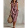 Women Casual Loose Cowl Neck Sleeveless Solid Color Long Swing Vacation Dress