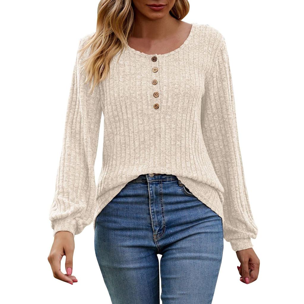 Women'S Round Neck Casual Fashion Solid Color Button Long Sleeved T-Shirt Top Top Blusa Elegante Feminina