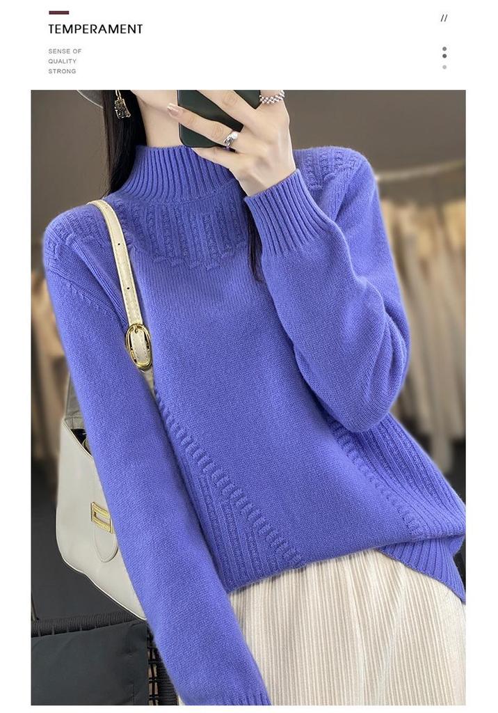 2023 Women's Korean Style Wave Knit Sweater: Thick, Solid Color Pullover with Half-High Neck