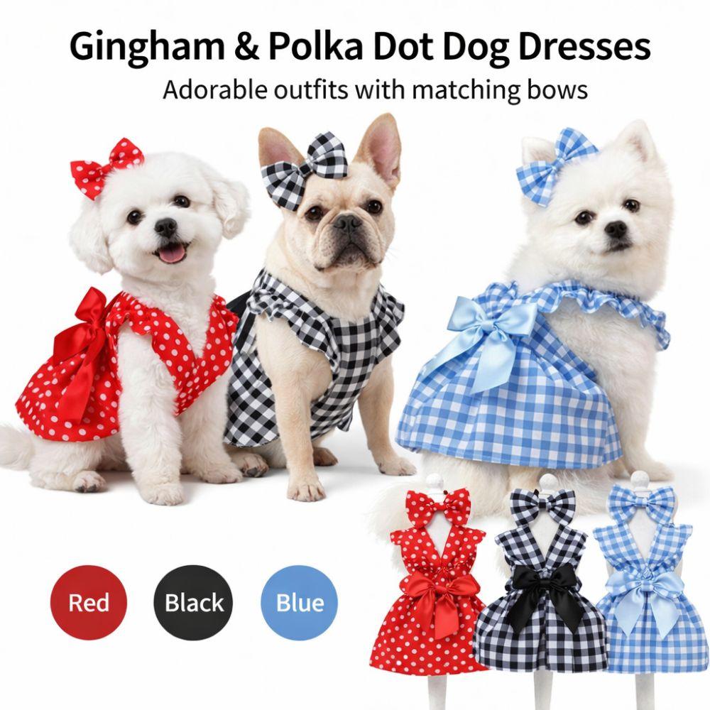 Bow Headband Cat Dog Princess Dress Polka Dots Printing Pet Dress Cute Pet Skirts Spring Summer