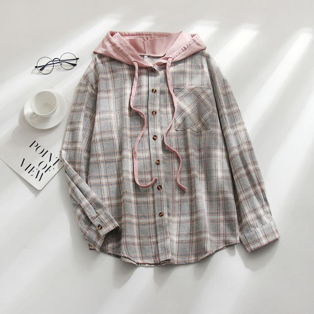 Primavera e outono camisa feminina moda casual com capuz cor bloqueando camisa xadrez
