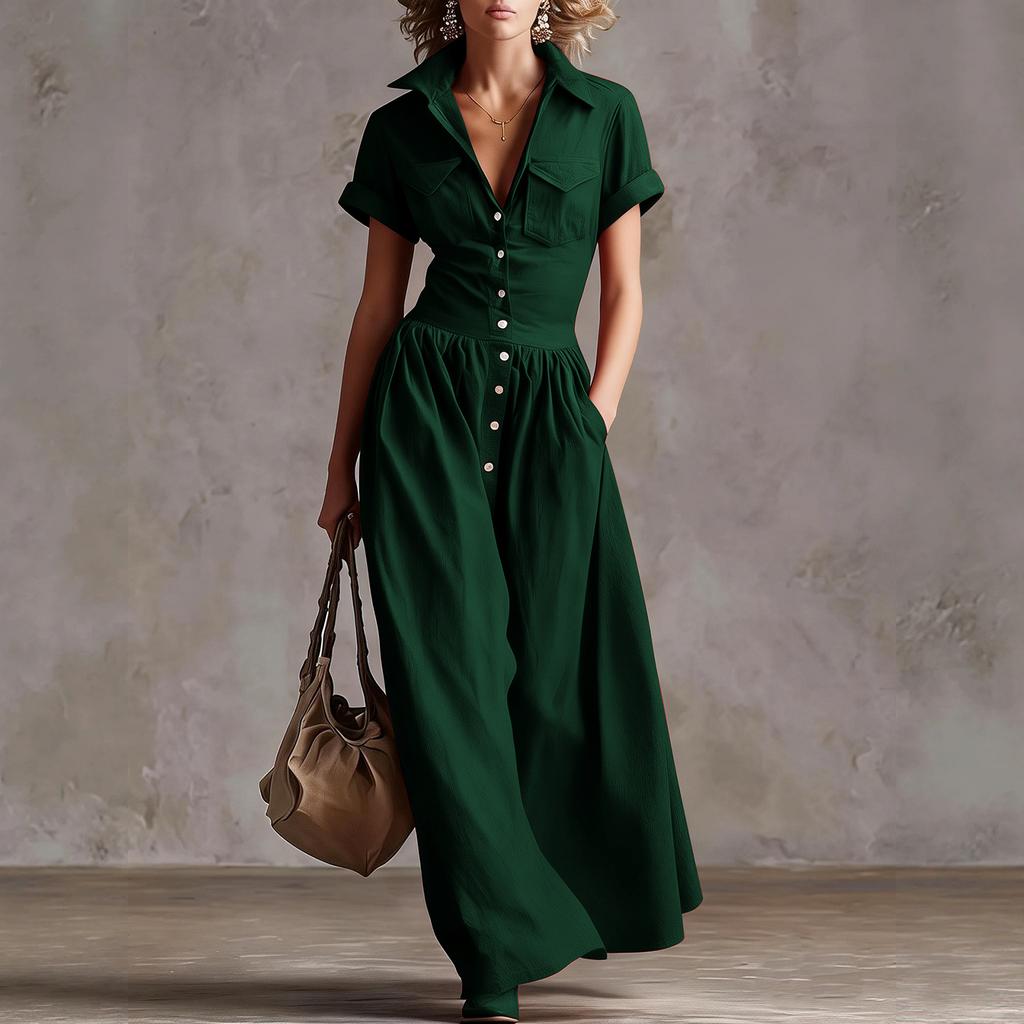 Vestido Largo Estilo Vintage para Mujer con Botones Delanteros, Manga Corta, Cuello, Casual, Maxi Vestido con Diseño Occidental y Detalle de Bolsillo
