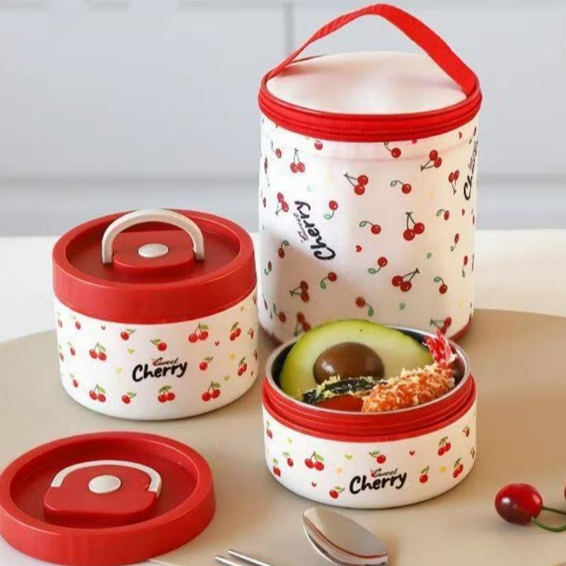 Stainless Steel Cherry Print Lunch Box Set with Insulated Bag & Tableware for School Office Picnic