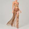 LYRIA Stampa Pizzo Spacco Sexy Maxi Abito Donna Abito Elegante Patchwork Chiffon Senza Maniche Schiena Scoperta Spiaggia Abito da Sera