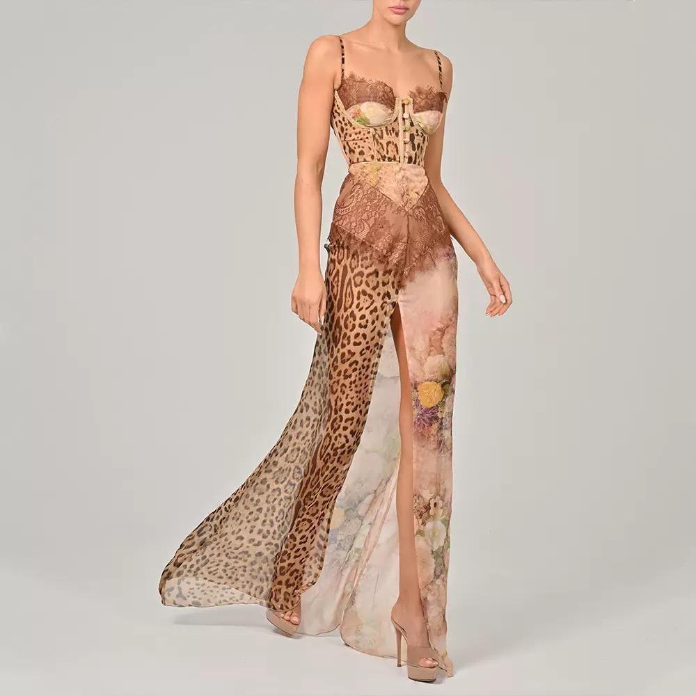 LYRIA Stampa Pizzo Spacco Sexy Maxi Abito Donna Abito Elegante Patchwork Chiffon Senza Maniche Schiena Scoperta Spiaggia Abito da Sera