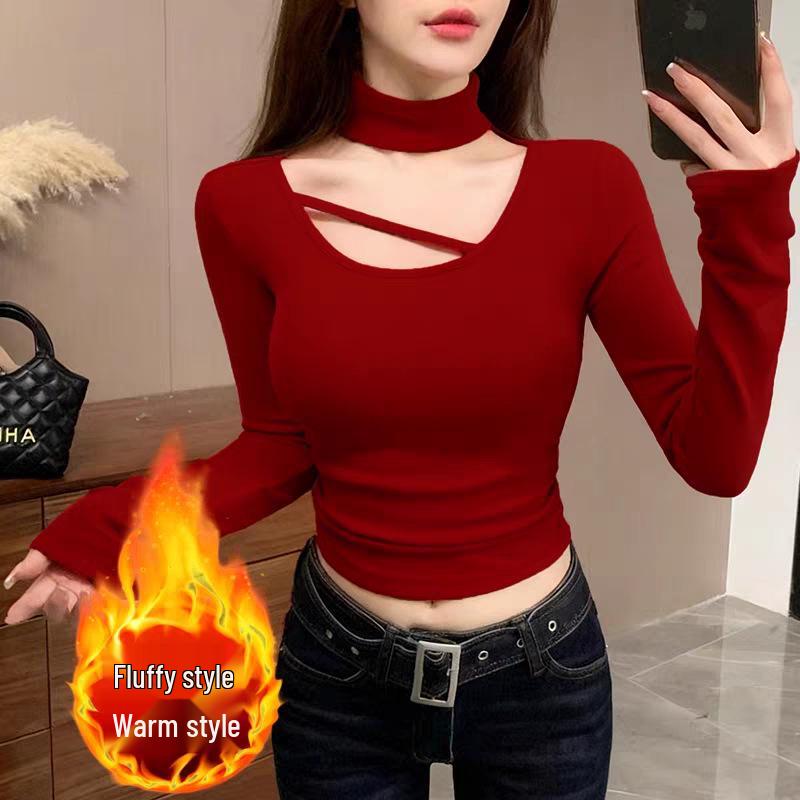 Spicy Girl Style Halter Neck Long Sleeve T-Shirt: Spring & Autumn Slim Fit, Pure Design, Short Base Layer for Women.