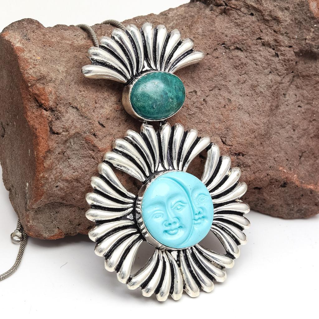 Blue Cameo Face Gemstone Unisex Women's Ethnic Silver Jewelry Pendant 3.5"