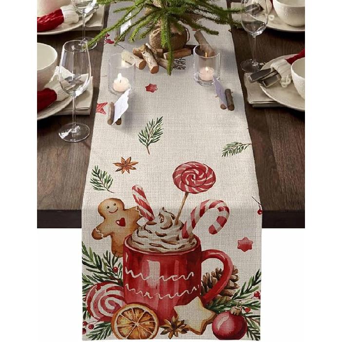 Christmas Table Runners Xmas Ball Snowflake Cotton Linen Kitchen Dining Table Runners Retro Berry Christmas Tree Home Decoration for 13  x 72  красный
