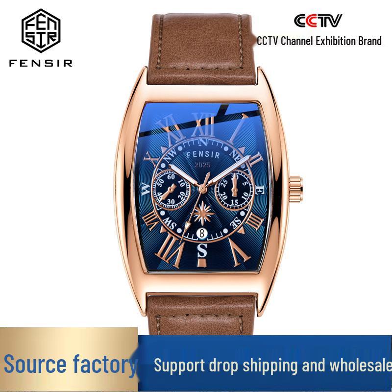 Finish Big Barrel Men's Watch: European & American Style, Leather Strap, Waterproof, Calendar, Casual Office Wear.