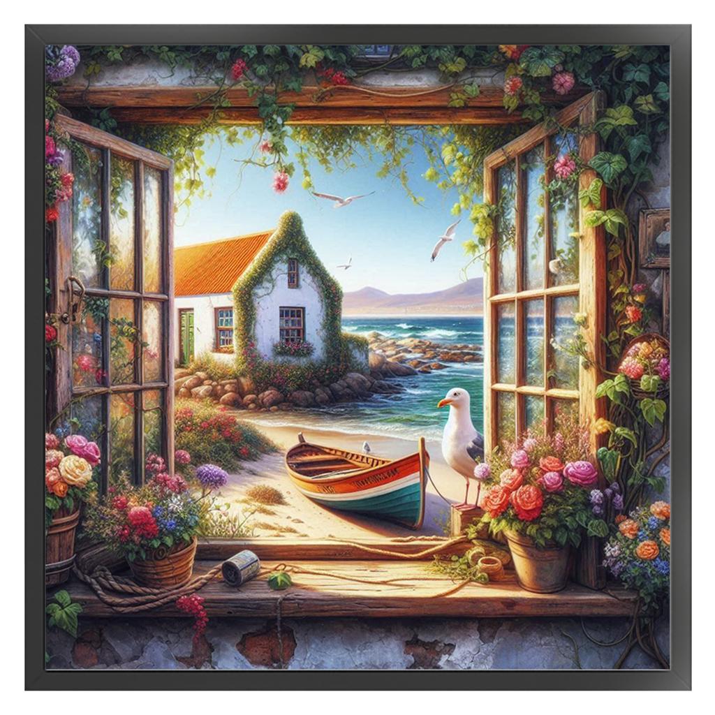 Window View Full 11CT DIY Stamped Printed Cross-Stitch Kits 15.75x15.75in Embroidery Needlepoint Starter Kits for Home Decor