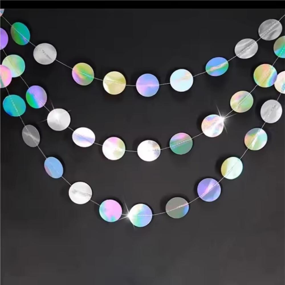 

1pc Laser Silver Hanging Streamer Dots Iridescent Round Paper Garlands Banner Party Supplies Metallic Shiny Rainbow Decoration