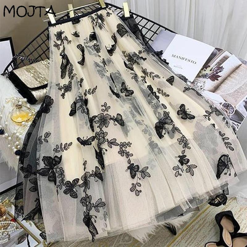 Women Spring Autumn Boho Lace Crochet Skirt Stretch High Waist Women Embroidery A-Line Skirt Women Beach Pleated Skirt