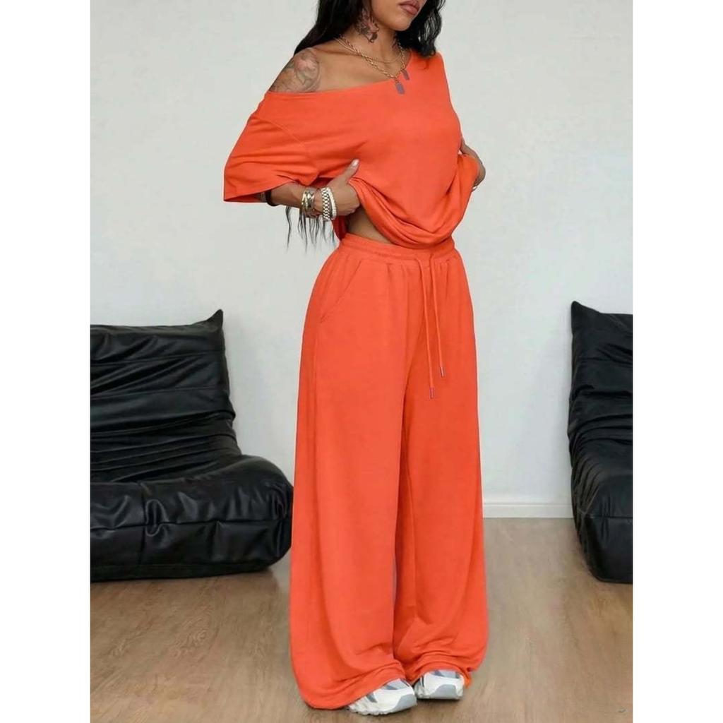 Women's Drop Shoulder Short Sleeve T-Shirts Loose Fit Wide Leg Pants Sets Casual Two Piece Outfits