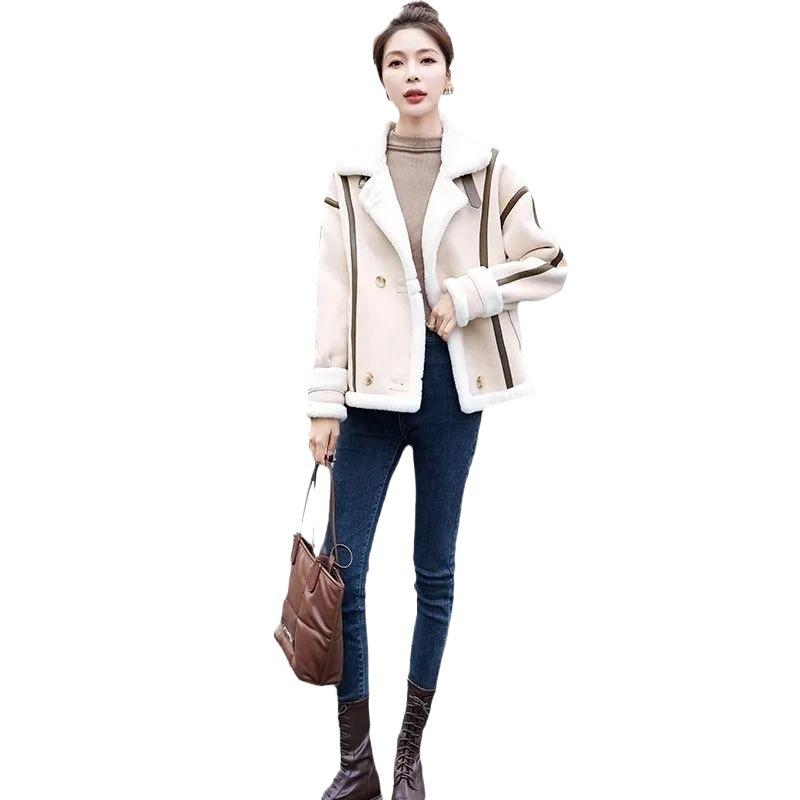 Deerskin fleece fur integrated lamb wool jacket women's short new autumn and winter thickened lamb wool locomotive clothing tide