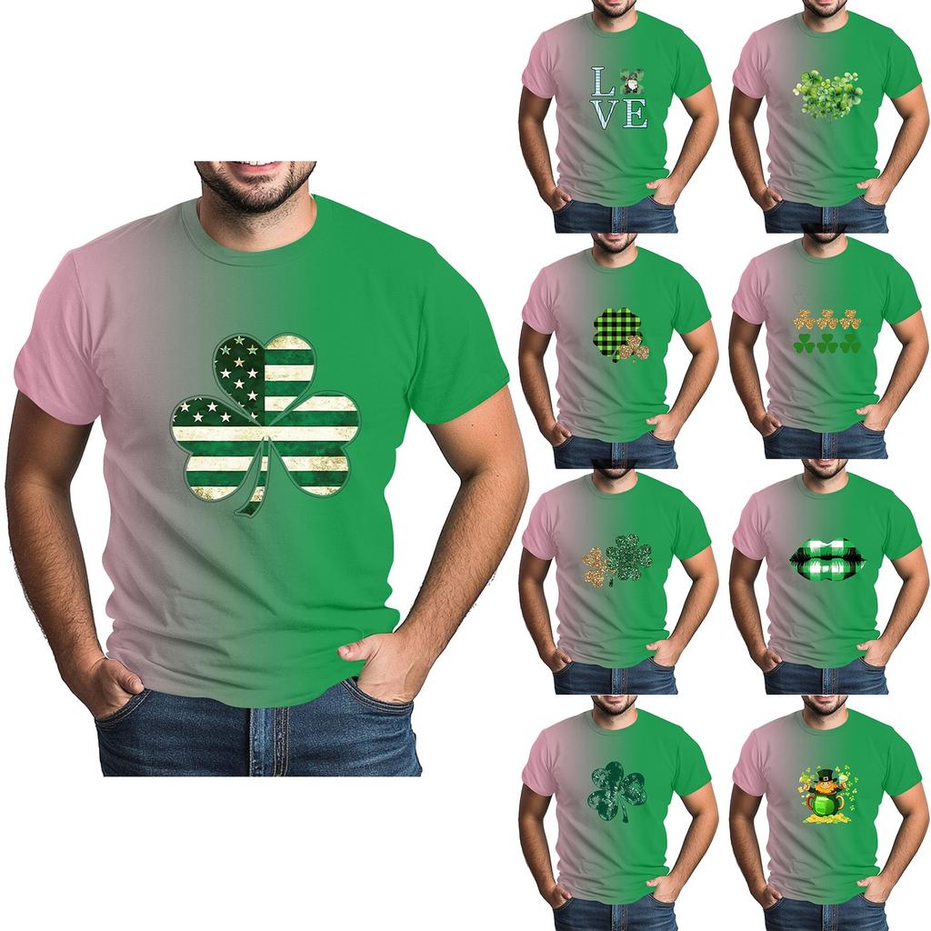 St. Patrick's Adult  Green Crew-neck Short-sleeved Printed Green Three-leaf T-shirt