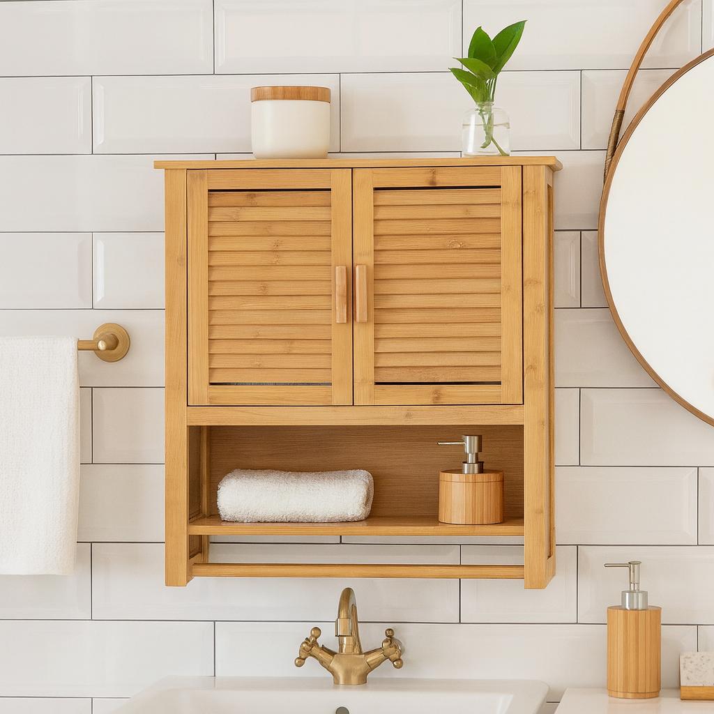 Bamboo Hanging Bathroom Cabinet With Hanger Over The Washbasin 66X62X20Cm