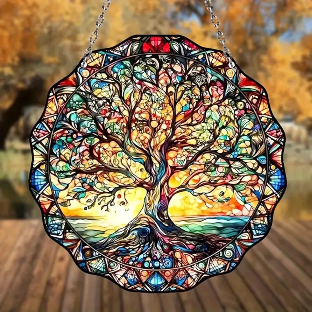 1PC Tree of Life Wall Decor Acrylic Round Ornament for Indoor Outdoor Welcome Sign Sunlight Hanging Tag Room Decor Aesthetic