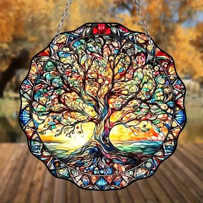 1 Stück Lebensbaum Wanddeko Acryl Rundes Ornament für Innen Außen Willkommensschild Sonnenlicht Hängendes Etikett Raumdeko Ästhetisch