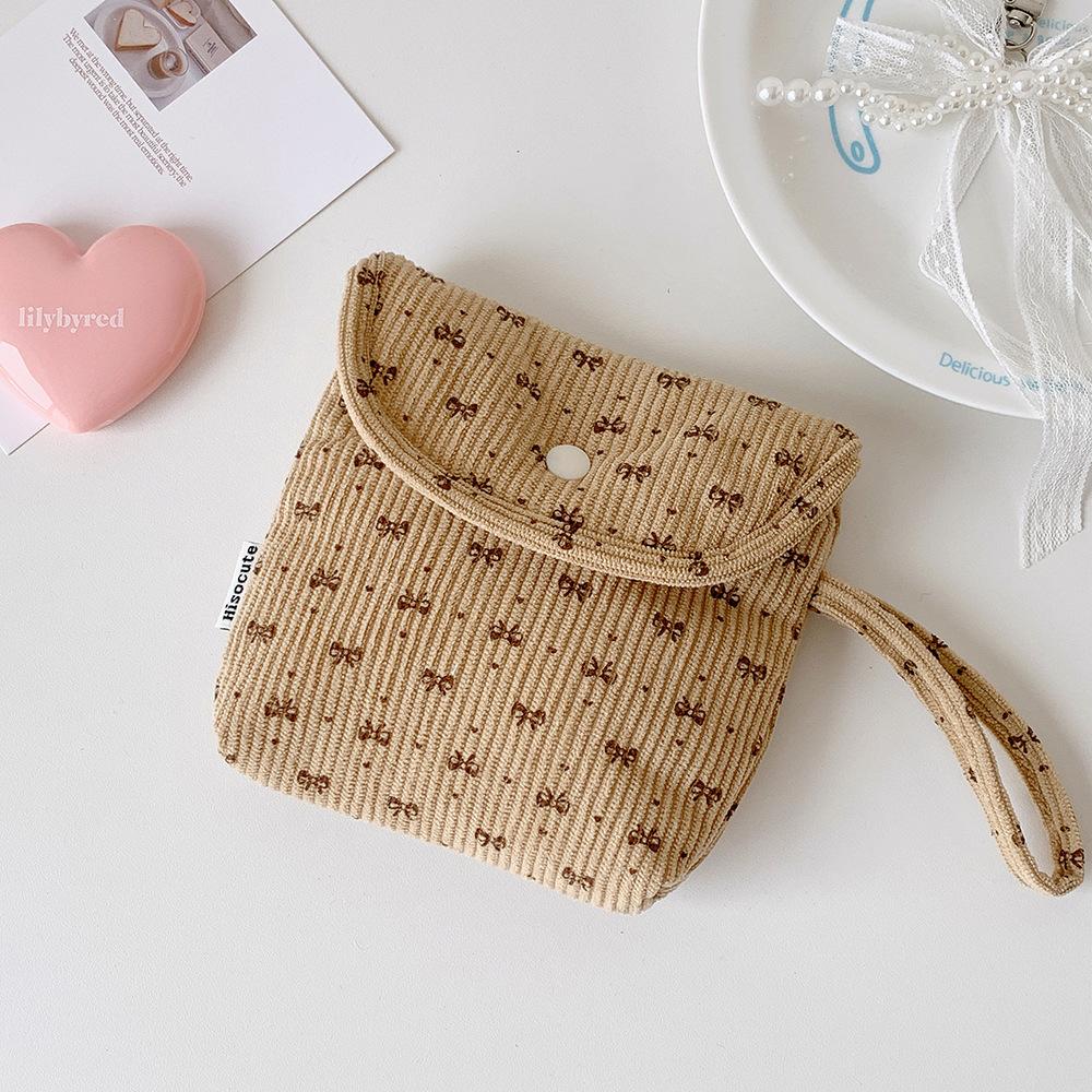 

Corduroy Makeup Bag Detachable Bow Sanitary Napkin Pouch Cosmetic Organizer Bag Fashionable Portable Storage Bag For Travel кавовий