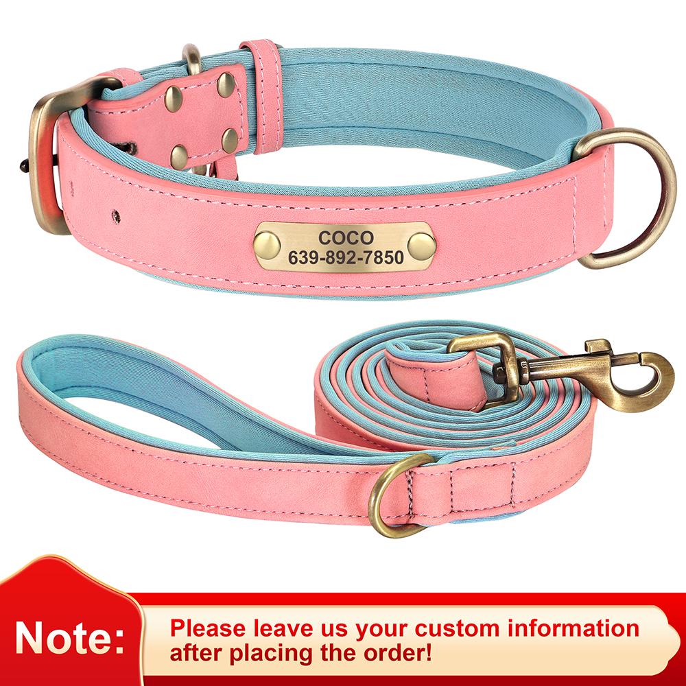 Personalized Dog ID Collar With Leash Soft Padded PU Leather Dogs Collar and Leash Set Anti-lost Tag For Small Medium Large Dogs