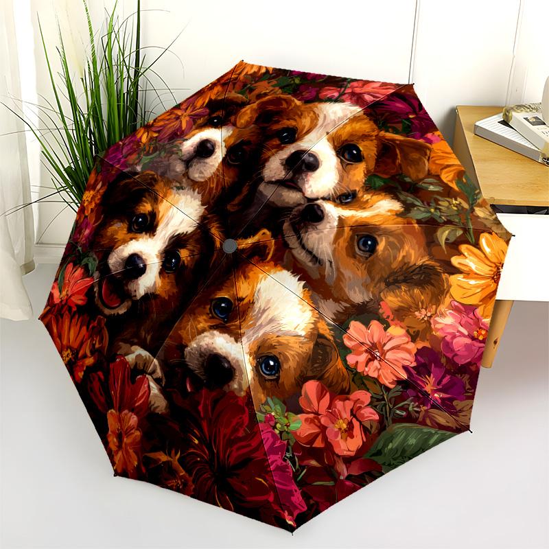 0106 Dog In Flower Bush  Pattern, Automatic Folding Umbrella, Portable and Foldable Design, 8 Ribs, a Christmas or Birthday Gift.