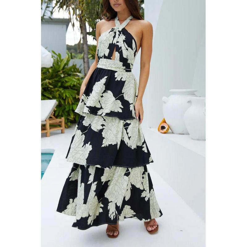 

Hanging Neck Dress2025 Summer New European and American Women clothes Sexy Print Cake Skirt Lace-up Dress Flower color 2XL