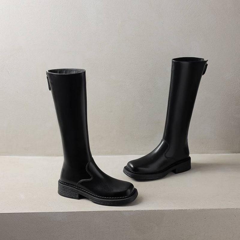 Autumn and Winter Solid Color Leather Large Size Women's Tall Boots Cowhide Middle Heel Comfortable Zipper Fashion Boots New Women's Boots