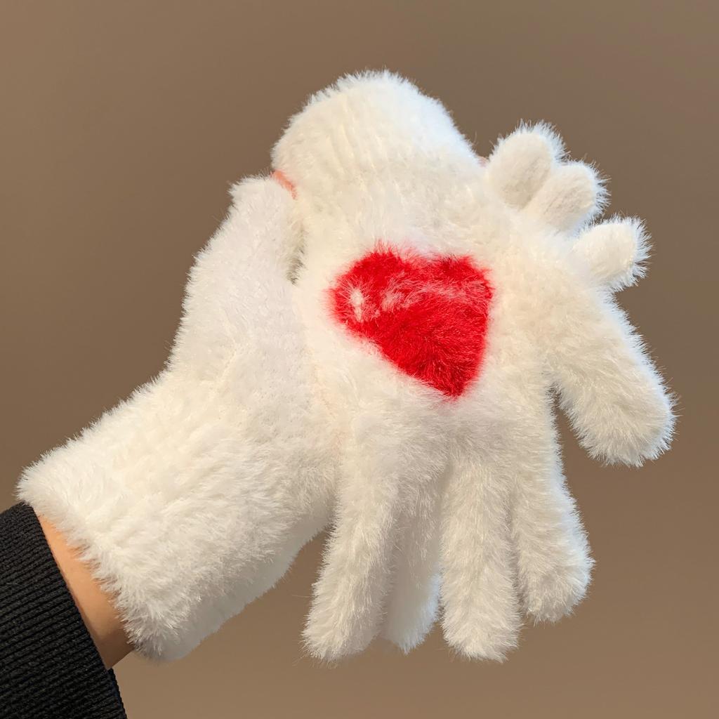 Korean Ins~ Wind Red Love Plush Knitted Gloves Women's Velvet Cold-proof Riding Autumn and Winter Dew Fingers Can Touch the Screen