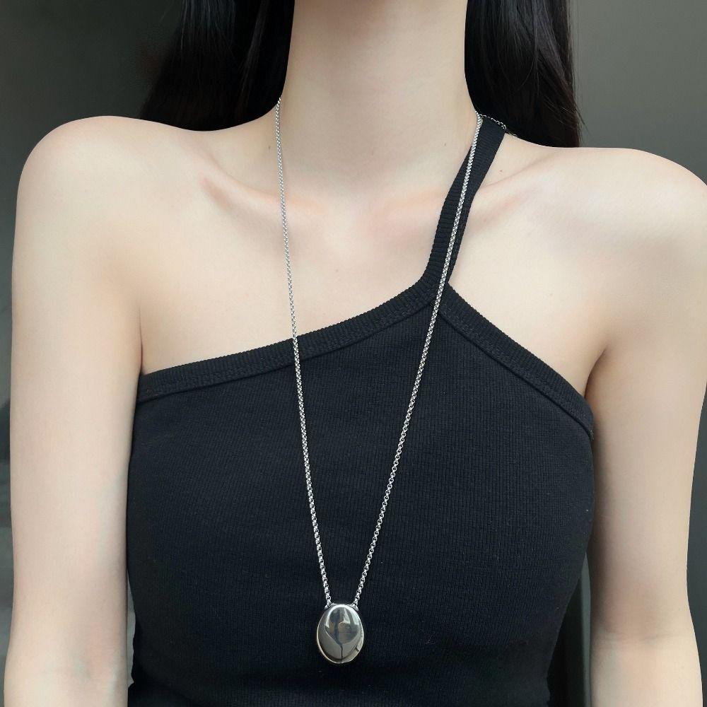 Geometric Water Drop Necklace Metal Smooth Glossy Droplet Pendant Long Sweater Chain  Autumn Winter