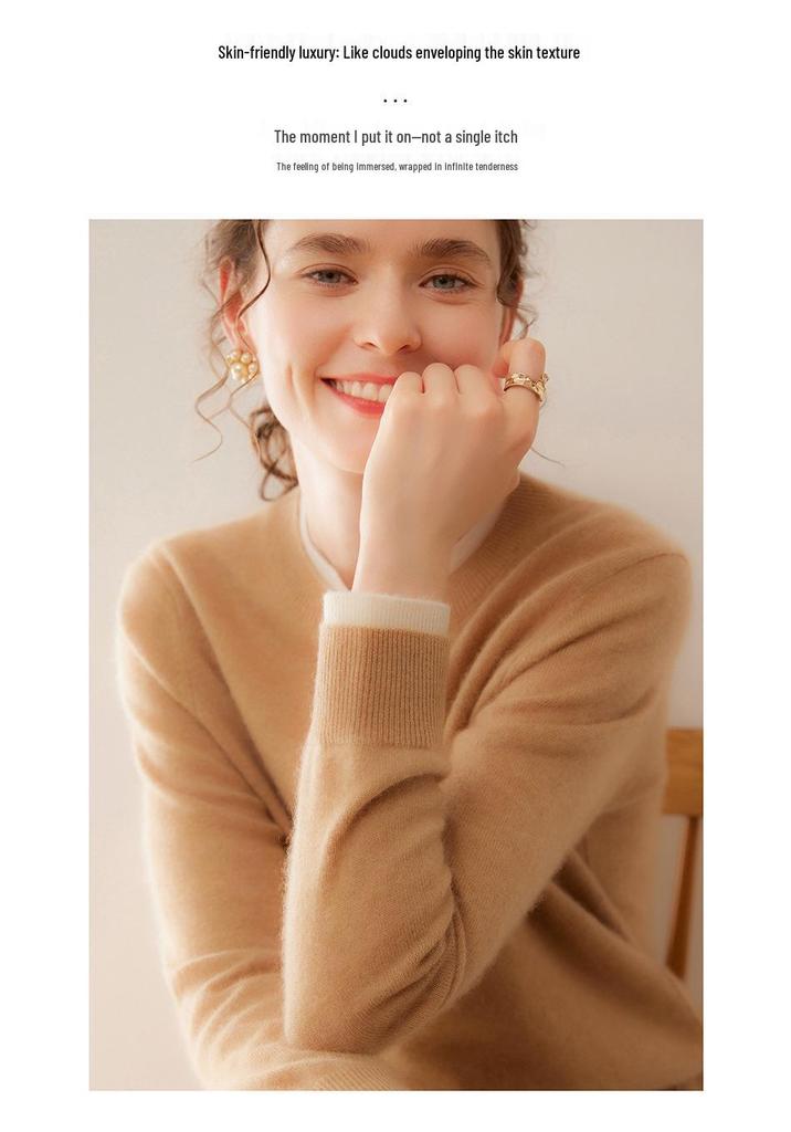 Lekasha Women's Cashmere Color Block Two-in-One Round Neck Long Sleeve Sweater