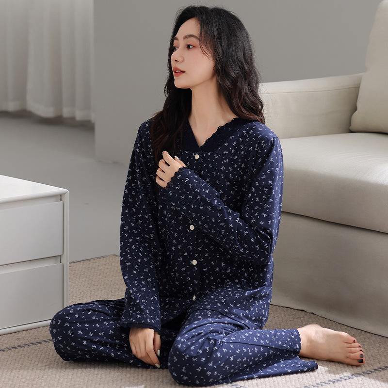 Pajamas Women's Spring and Autumn Cotton Long-sleeved 1011 New Autumn and Winter Middle-aged Mother Casual Large-size Loungewear Set