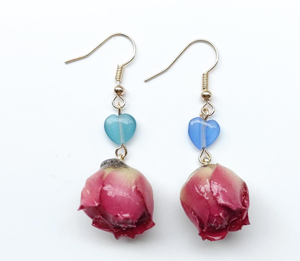 Natural Dried Rose Flower Earrings - Fresh, Sweet Ear Ornaments