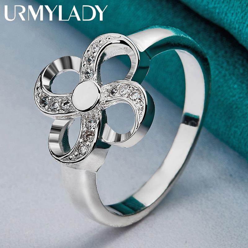 URMYLADY 925 Sterling Silver Four-Leaf Flower 7-10 Ring For Women Fashion Charm Jewelry